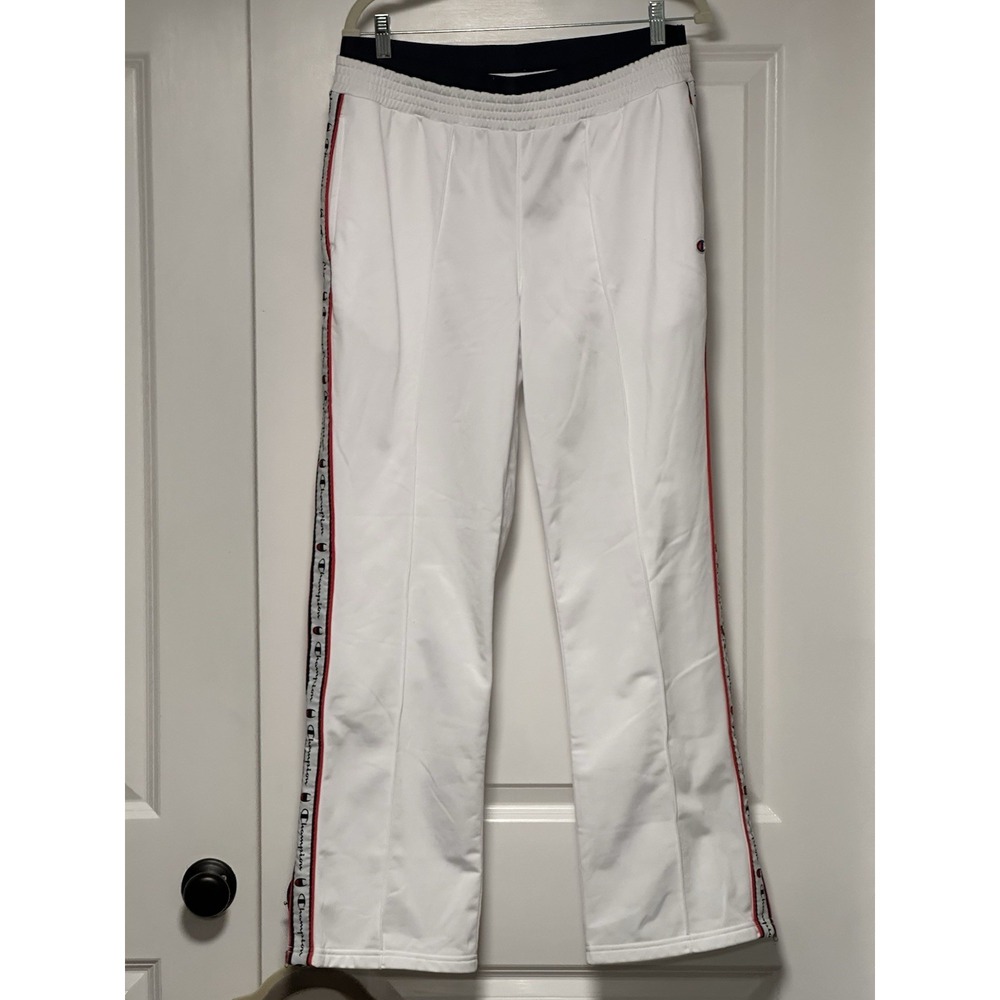 Champion, Logo Tape White Track Pants Women's Relaxed Sweats Size Large